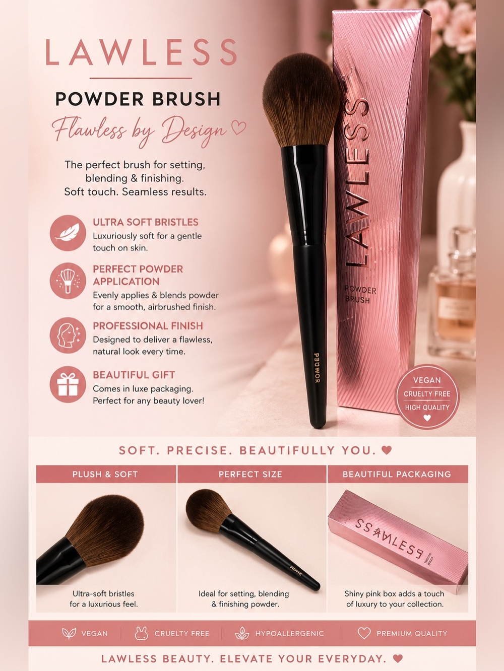 LAWLESS Pink and Black Powder Brush - Ultra Soft Vegan Bristles